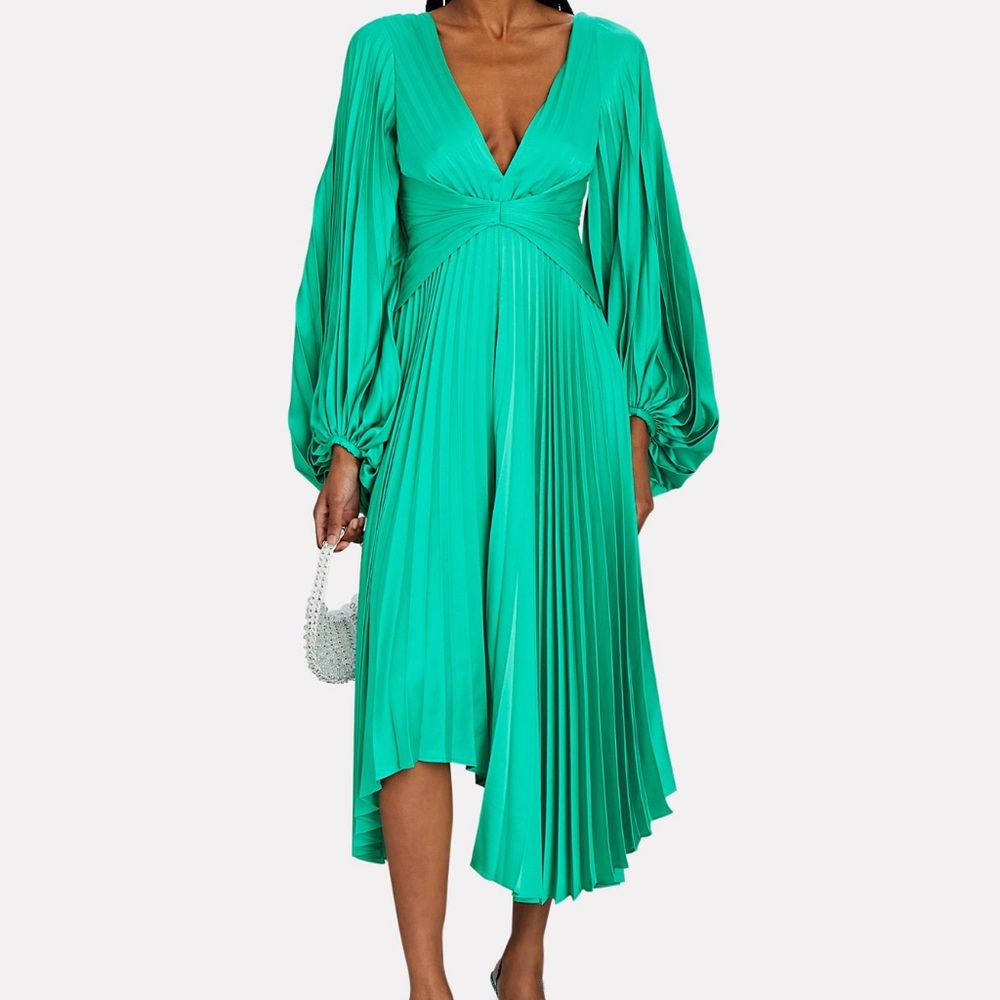 ACLER PALMS PLEATED SATIN MIDI DRESS - GREEN - SIZE 2